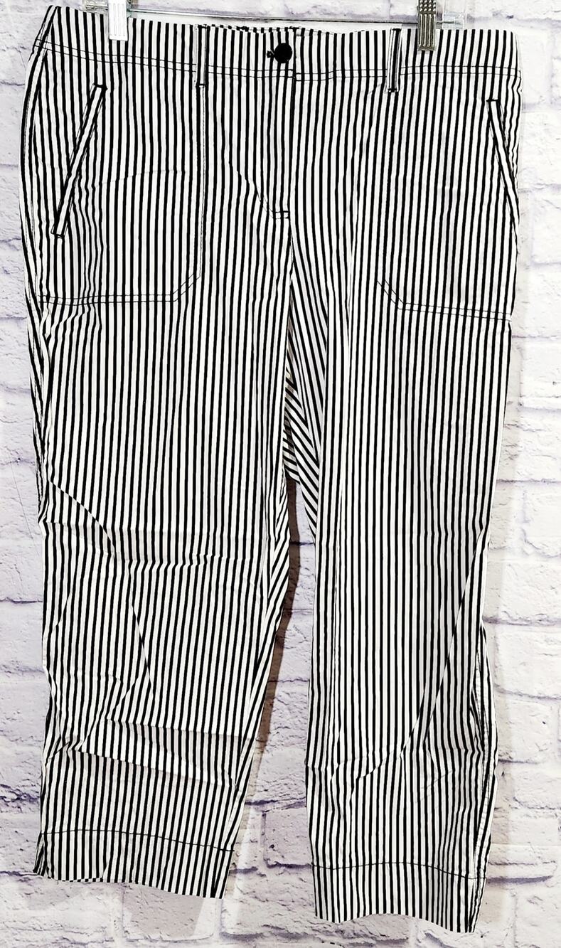 Chico's White Black Striped Ankle Length Pants 2 12 Lightweight Soft Stretch